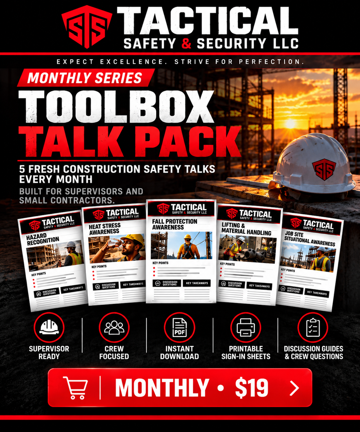 Monthly Toolbox Talk Pack by Tactical Safety & Security LLC — five safety talks monthly, $19